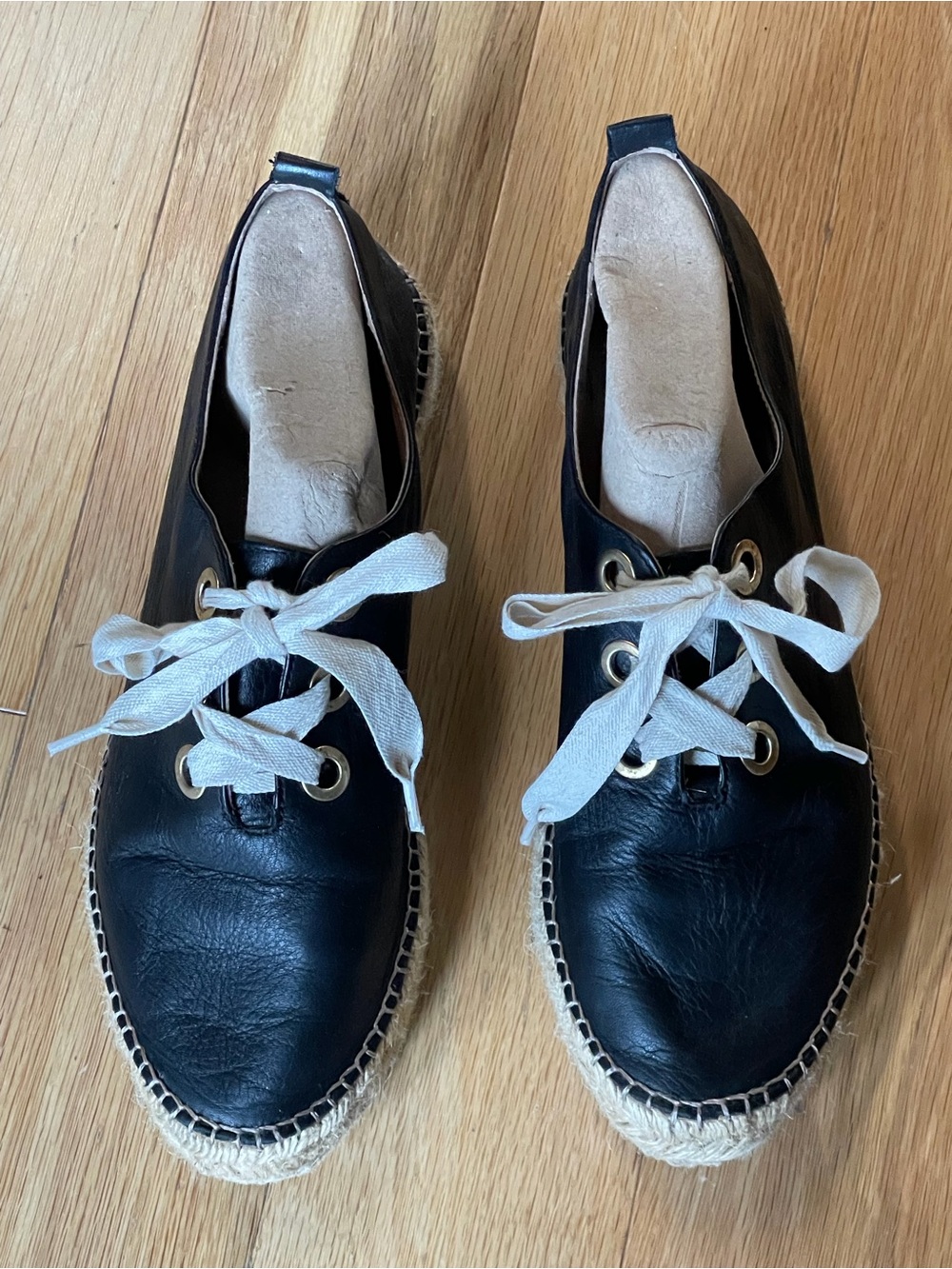 Black Leather Lace-Up Espadrille with White Laces